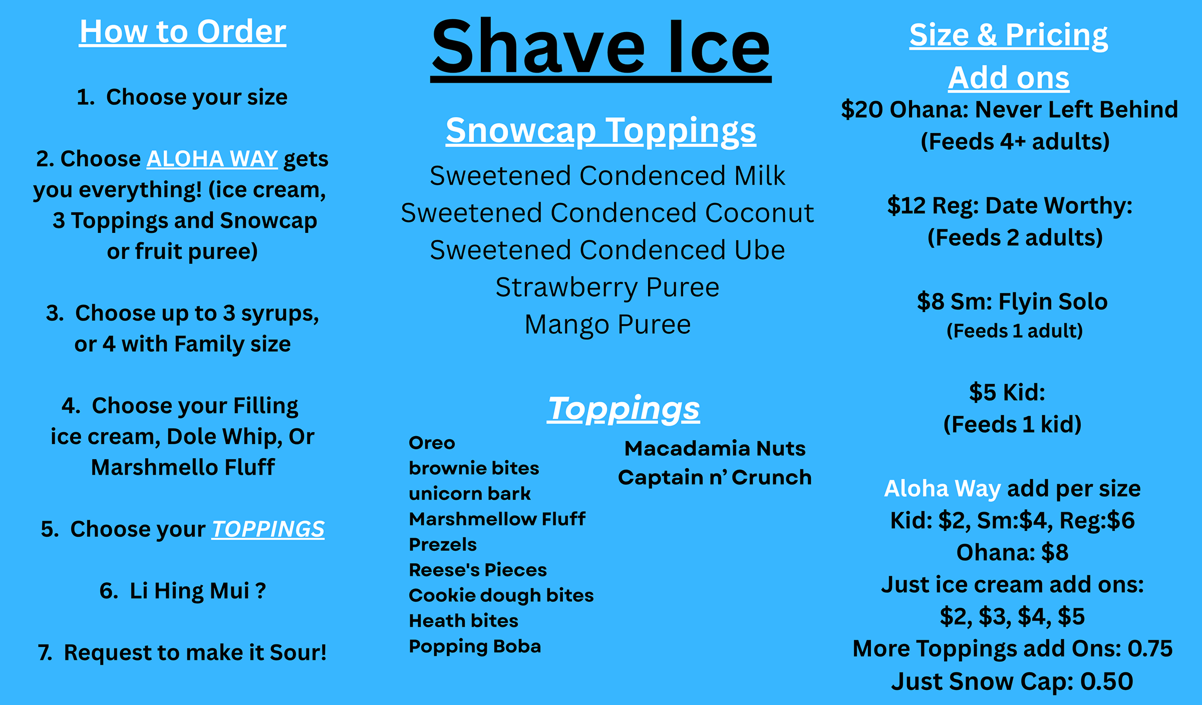 Menu | His Ohana Shave Ice, His Ohana Coffee